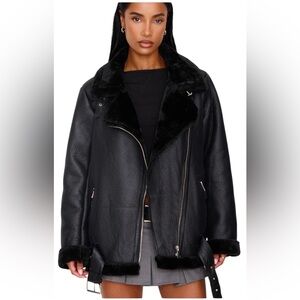 PrettyLittleThing Black Oversized PU Aviator Faux Leather Jacket Size 4 NO BELT